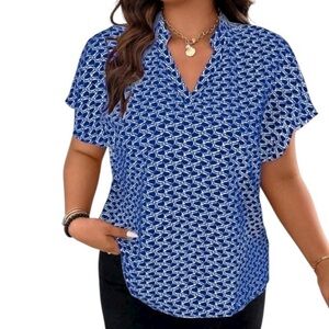SHEIN Curve Blue & White Geometric Print Blouse – Size 4XL